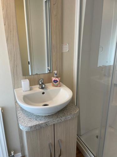 a bathroom with a white sink and a shower at Olivia Ann in Caernarfon