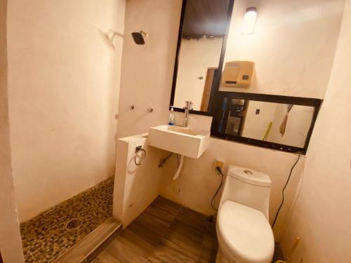 a small bathroom with a toilet and a sink at Container Manglar House in Nautla