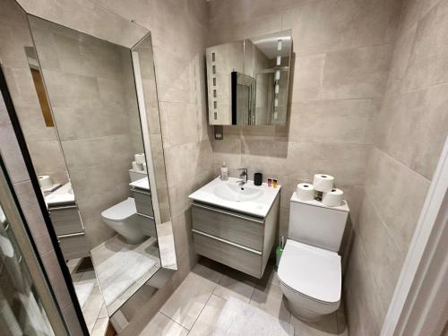 a bathroom with a toilet and a sink and a mirror at 2 Bedroom Apartment In Central London in London