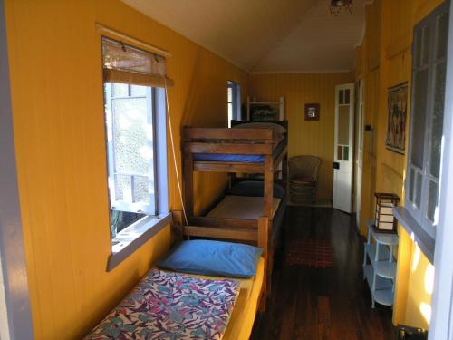 Habitación con 2 literas en una pared amarilla. en Mango tourist Hostel, en Hervey Bay