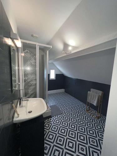 - une salle de bains en noir et blanc avec lavabo et toilettes dans l'établissement Gîte T3 Cœur de ville, à Sully-sur-Loire