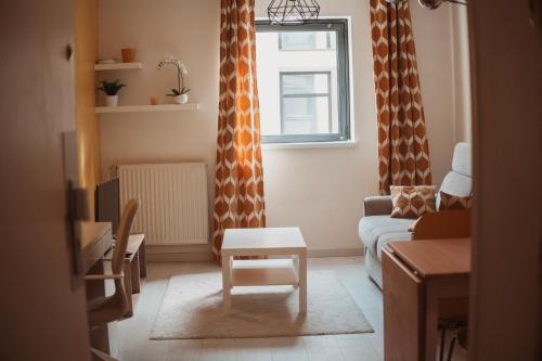 - un salon avec un canapé et une fenêtre dans l'établissement Bel appartement au calme avec parking, à Lyon
