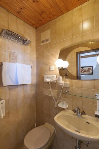 a bathroom with a sink and a toilet and a mirror at Hotel Tautermann in Innsbruck
