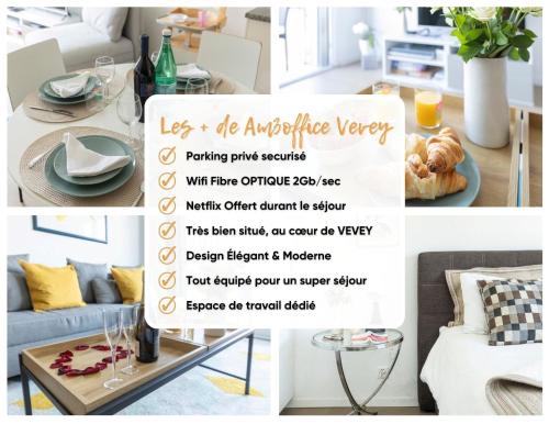 un collage de fotos de una sala de estar con muebles en AM3Office apartment with view, Parking and contactless check-in Vevey Montreux en Vevey