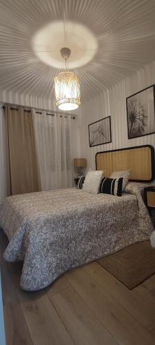 a bedroom with a large bed with a chandelier at Boquerón 5 in Torre del Mar