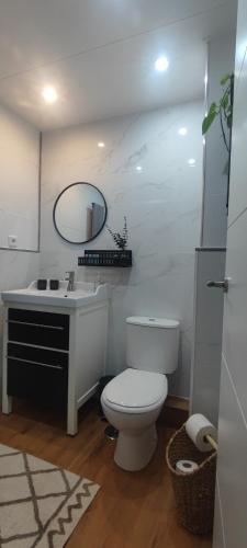 a bathroom with a toilet and a sink and a mirror at Boquerón 5 in Torre del Mar