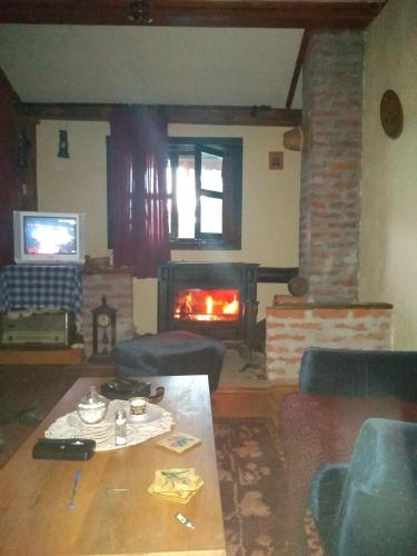 een woonkamer met een tafel en een open haard bij Apartman Marković in Ivanjica