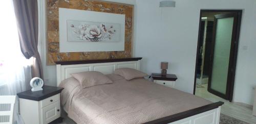 Schlafzimmer mit einem Bett und einem Spiegel in der Unterkunft Vila Flory Voronet in Woronetz