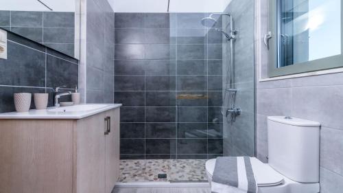 a bathroom with a shower and a toilet and a sink at Villa Ovgoro in Kamilari
