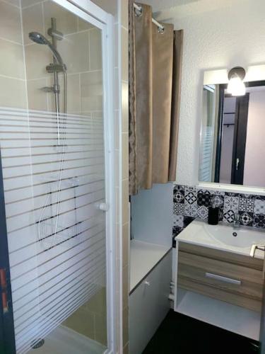 une salle de bain avec douche et lavabo dans l'établissement L'Escapade Gruissanaise, appartement 1 chambre, loggia, climatisation, wifi avec piscines de mi-mai à mi-septembre dans résidence, à Gruissan