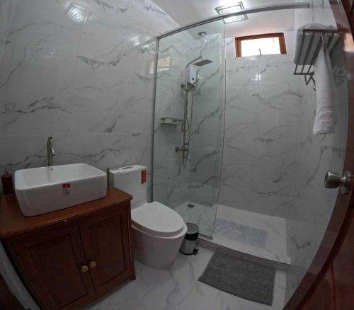 a bathroom with a shower and a toilet and a sink at Angel Wish Guesthouse in El Nido