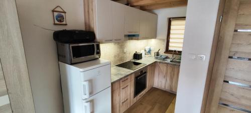 a kitchen with a microwave on top of a refrigerator at Domek Pod Górą Żar in Międzybrodzie Żywieckie