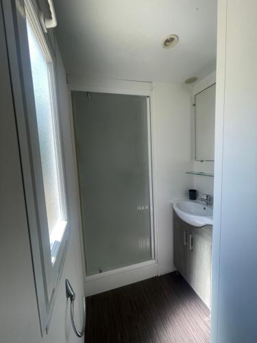uma casa de banho com um chuveiro e um lavatório. em Mobil Home de Marine em Port-la-Nouvelle