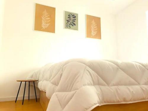 un sofá blanco en una sala de estar con 3 fotos en Caso do Canto - Terra, en Ferreira do Zêzere