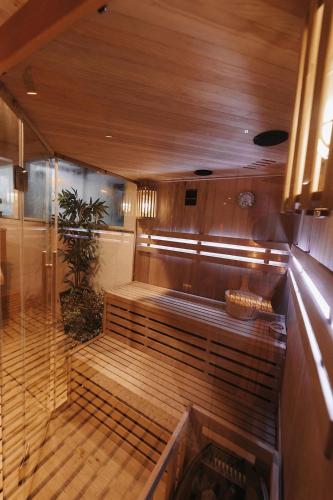 a sauna with a bench and a plant in it at Royal Alpin Crown in Cavnic