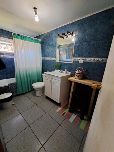 uma casa de banho com um lavatório, um WC e um espelho. em Camping & Cabaña Los Arrayanes Niebla em Valdivia