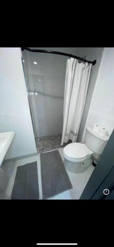 uma casa de banho com um WC e uma cortina de chuveiro em Room with Private Bathroom/No closet em Boca Raton