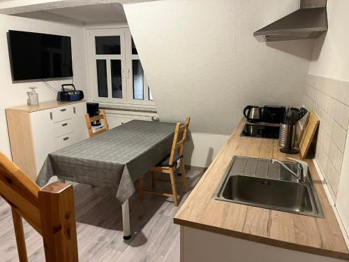 a small kitchen with a sink and a table with a sink at Ferienwohnung Zwätzi in Jena