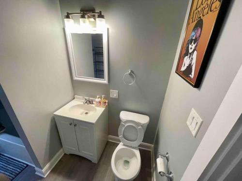 a bathroom with a toilet and a sink and a mirror at Cozy Luxury Apt~ near UChicago/HydePark/Lakeshore in Chicago