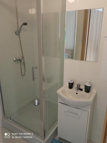 a bathroom with a shower and a sink at Dom Gościnny Bożenka in Niechorze