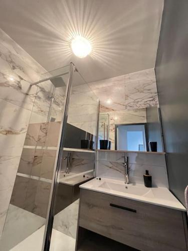 a bathroom with a sink and a mirror at Appartement Moderne Spa in Saint-Étienne