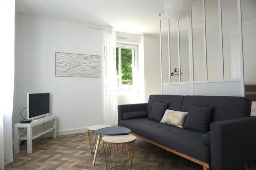 un salon avec un canapé noir et une télévision dans l'établissement Joli appartement 2 chambres au coeur du parc du Haut Jura, à Morez