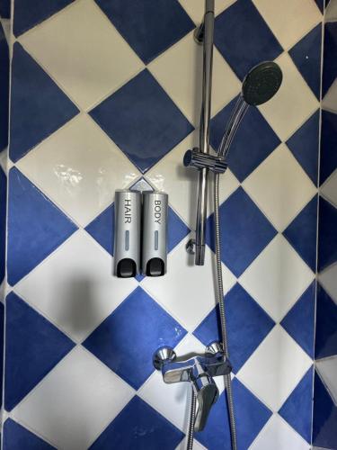 a bathroom with blue and white tiles and a shower at Beau studio plein centre ville in Beauvais