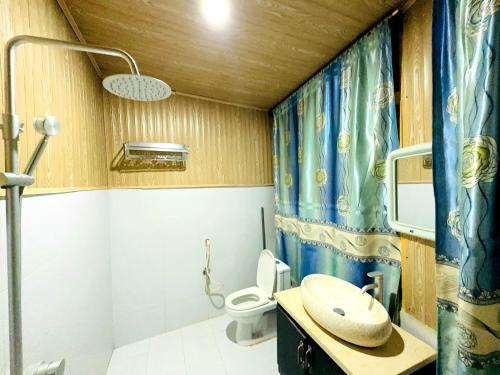 a bathroom with a toilet and a sink at Hikal Guest House in Hunza Valley