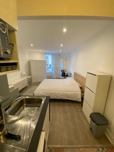 Il comprend une chambre avec un lit et une cuisine avec un évier. dans l'établissement Studio Cosy Chaville, à Chaville