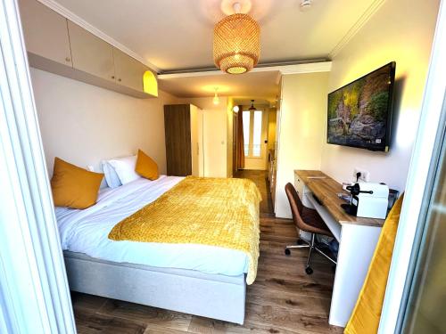 een hotelkamer met een bed en een bureau bij Parisien Hôtel style in Pré Saint Gervais