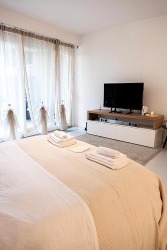 a bedroom with two beds and a flat screen tv at GINNY HOUSE VENEZIA in Dolo