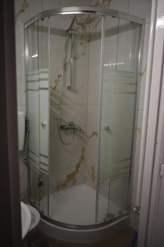 uma casa de banho com um chuveiro e uma porta de vidro em Apartament Nicolae Iorga RHBM em Baia Mare