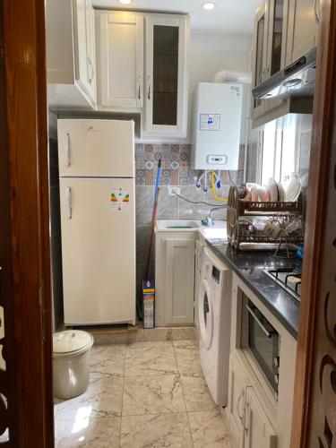 a kitchen with a white refrigerator and a sink at Appartement coeur de ville Tunis in Tunis