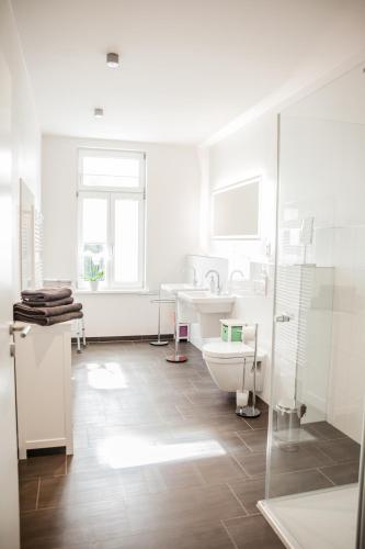 a white bathroom with a toilet and a sink at Altstadt Appartements Goslar in Goslar