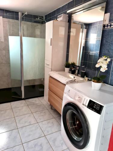 une salle de bain avec une machine à laver et un lavabo dans l'établissement Appartement spacieux avec piscine partagée à Maurens - 120 m², à Maurens