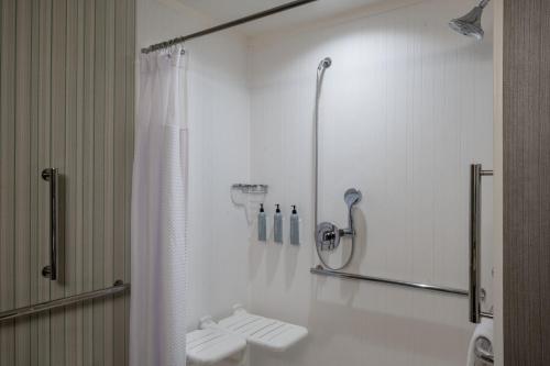 a white bathroom with a shower and a toilet at Courtyard by Marriott Houston Northwest/Cypress in Cypress