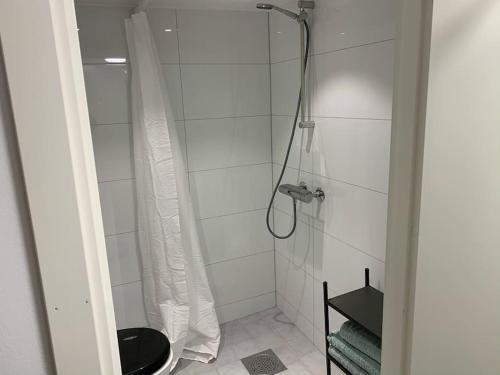 bagno con doccia e servizi igienici neri di Mysigt centralt boende a Göteborg