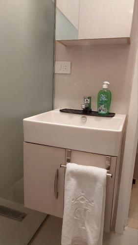 a bathroom sink with a green bottle of soap and a towel at Entire Apartment with Garden in Sheikh Zayed