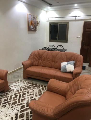 a living room with two brown leather couches and a rug at MK Hebergement in Saint-Louis