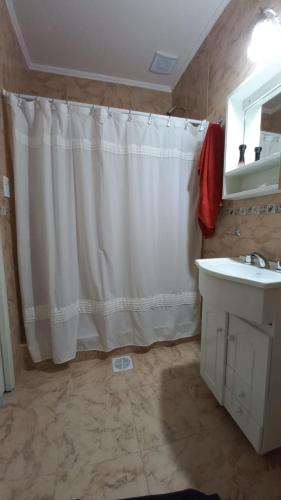 ein Badezimmer mit Duschvorhang und Waschbecken in der Unterkunft Lo de Julio in Lobos