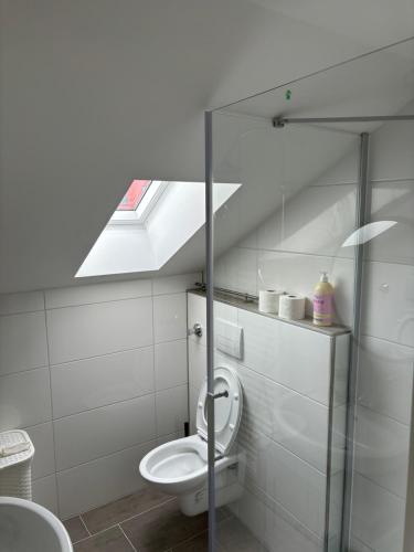 ein Badezimmer mit einem weißen WC und einem Dachfenster in der Unterkunft Hagen Haspe 2Z DG in Hagen