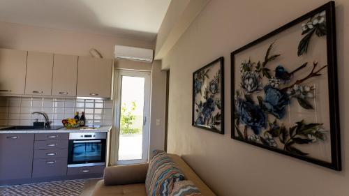 a living room with a couch and a kitchen at Vakakis Family Luxury Studios in Palaiochóra