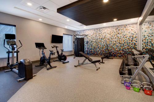 a gym with bikes and exercise equipment in a room at Hilton Garden Inn Terre Haute in Terre Haute
