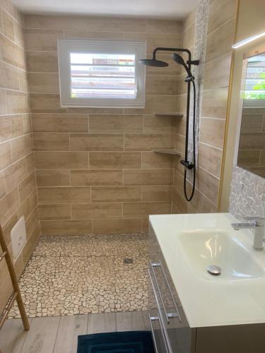 a bathroom with a sink and a shower at Rez de jardin Ylang Ylang in Saint-François