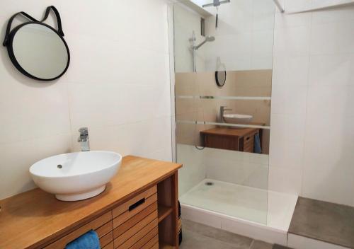 a bathroom with a sink and a mirror and a shower at Spacieux T3 73 m2 idéalement situé au centre ville proche mer in Hyères
