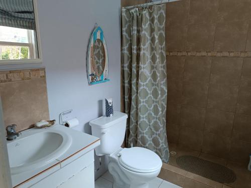 a bathroom with a toilet and a sink and a shower at Casa de playa in Machalilla