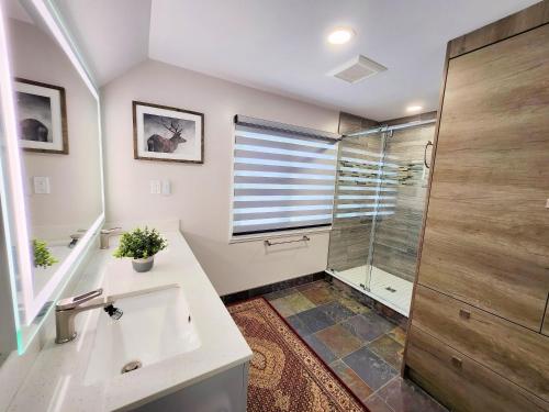 a bathroom with a shower and a sink at The Serene Haven Modern 2 Queen Bed Full Apartment in St. Catharines