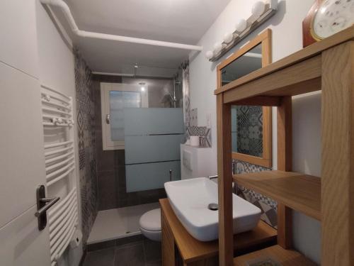 une petite salle de bain avec toilettes et lavabo dans l'établissement Grande maison avec jardin, proche plage, 4 chambres, terrasse, pour 8 personnes - Île d'Oléron - FR-1-778-22, à Grand-Village-Plage