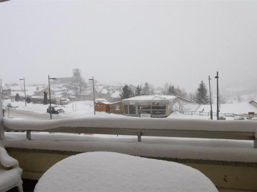 uma vista para um pátio coberto de neve a partir de uma janela em Appartement Les Angles, 2 pièces, 4 personnes - FR-1-295-200 em Les Angles