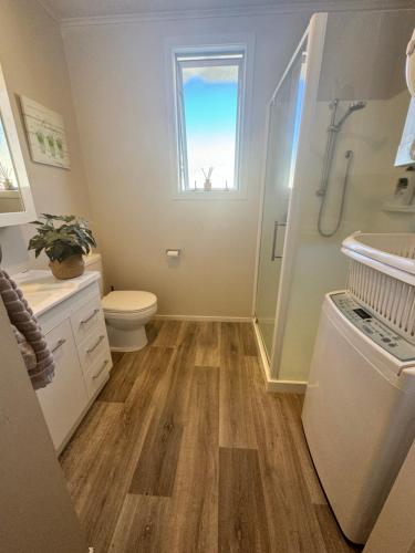 a bathroom with a shower toilet and a sink at Walnut Cottage, Turangi/Tongariro in Turangi